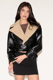 CROPPED BELTED SHEARLING & LEATHER JACKET