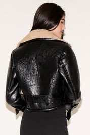 CROPPED BELTED SHEARLING & LEATHER JACKET
