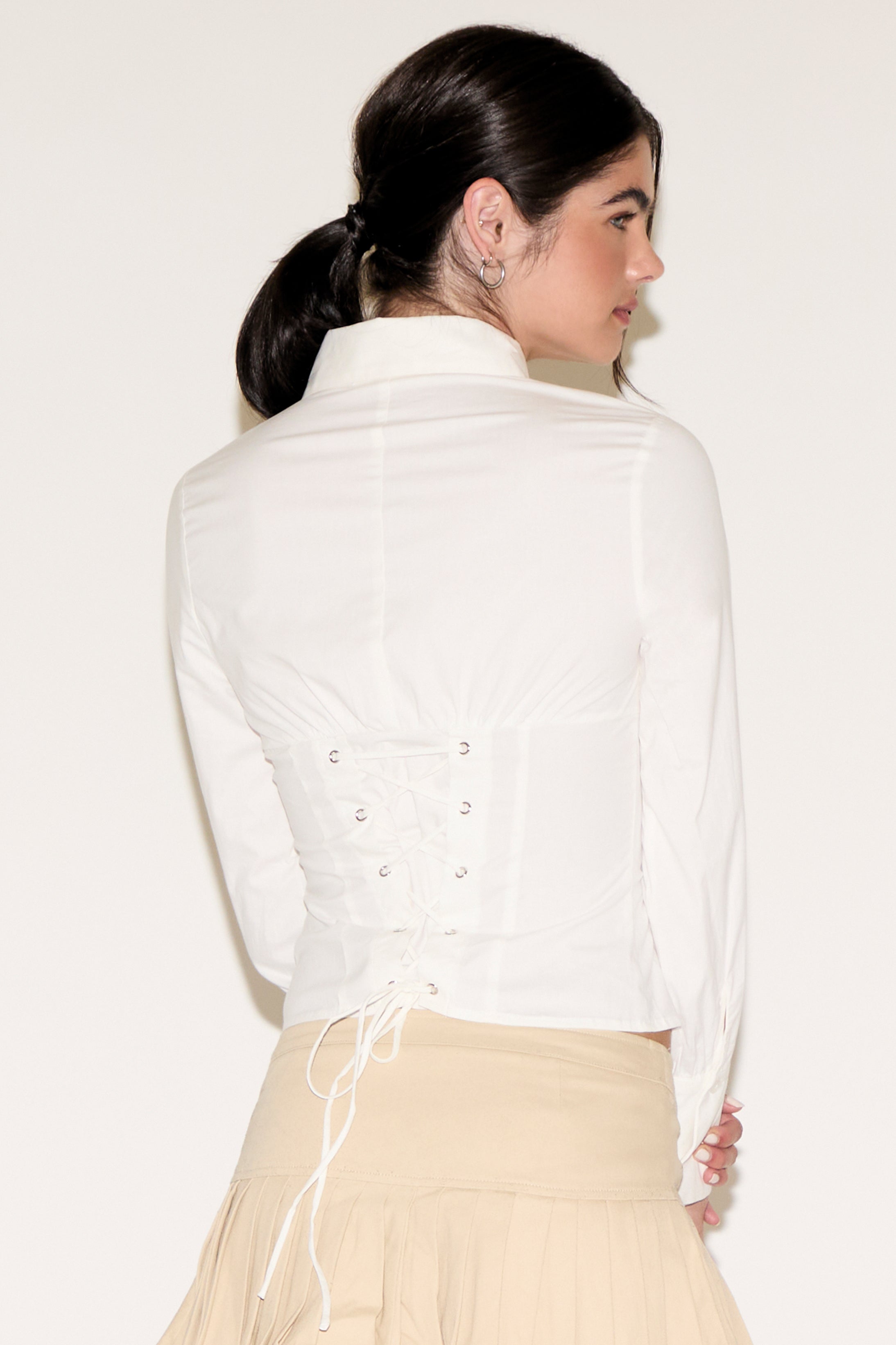 CORSET WAIST LONG SLEEVE BUTTON DOWN SHIRT