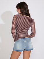 DIAGONAL STRIPED MESH LONG SLEEVE TOP