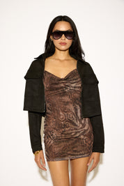 ZIP UP CROPPED VEGAN SUEDE COAT WITH PATCH POCKETS