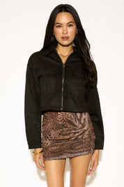 ZIP UP CROPPED VEGAN SUEDE COAT WITH PATCH POCKETS