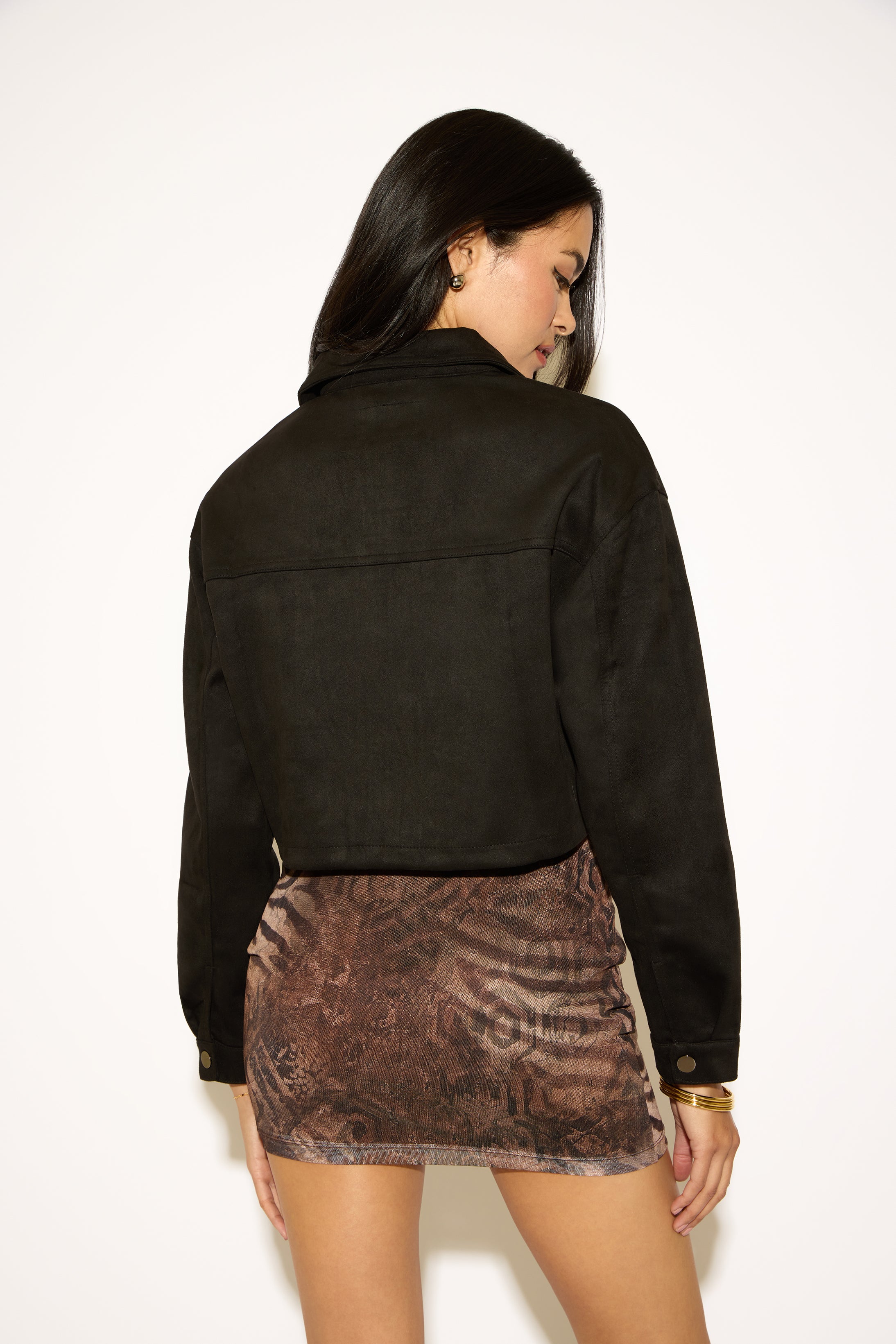 ZIP UP CROPPED VEGAN SUEDE COAT WITH PATCH POCKETS