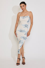 CAMI STRAP FLORAL RUCHED MIDI DRESS