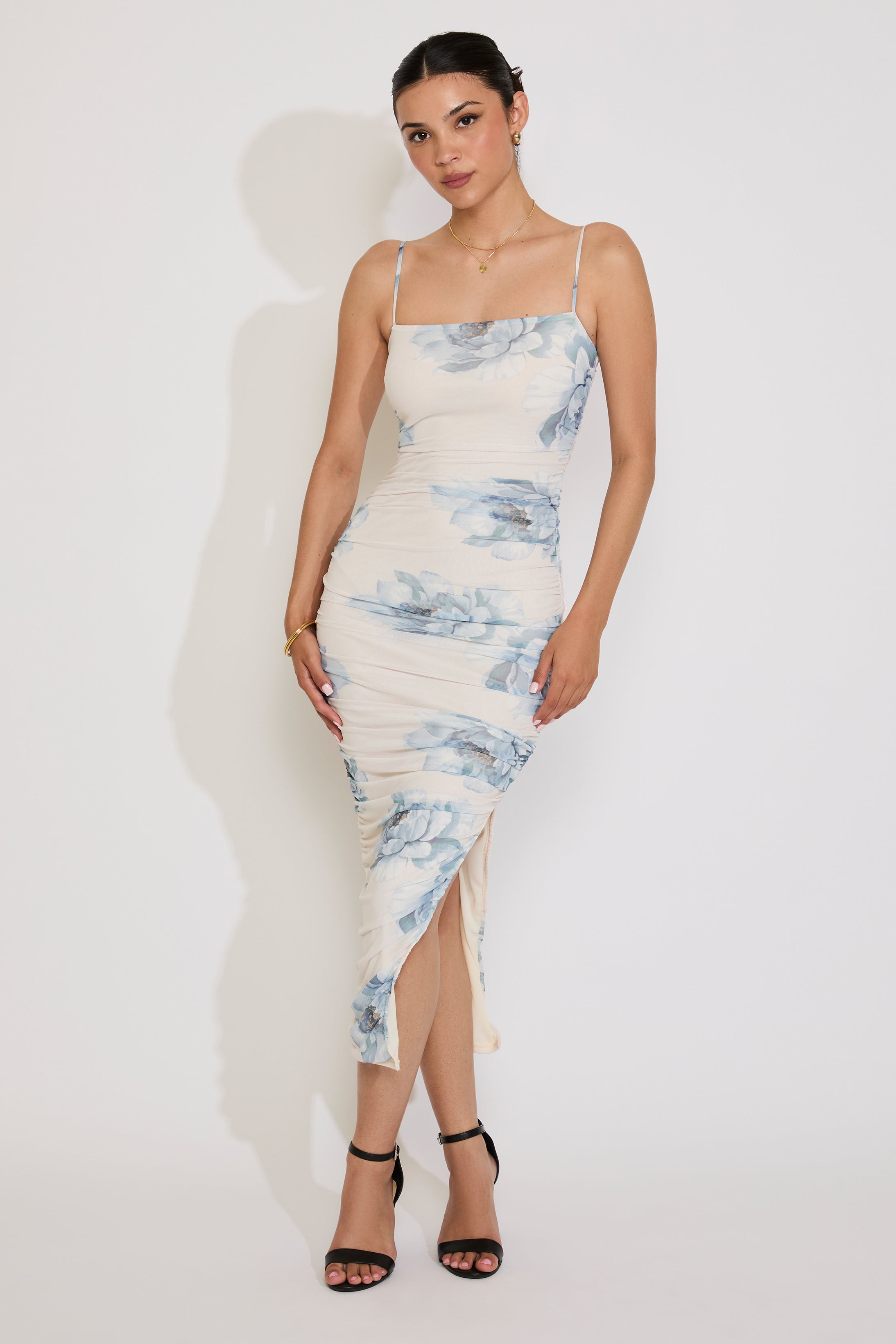 CAMI STRAP FLORAL RUCHED MIDI DRESS