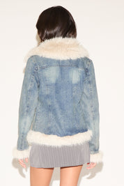 FAUX FUR TRIM DENIM JACKET WITH FRONT POCKETS