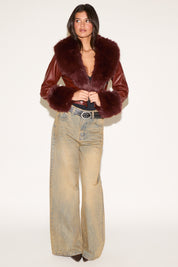 LARGE FAUX FUR TRIM VEGAN LEATHER WAISTCOAT