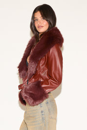 LARGE FAUX FUR TRIM VEGAN LEATHER WAISTCOAT