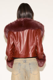 LARGE FAUX FUR TRIM VEGAN LEATHER WAISTCOAT