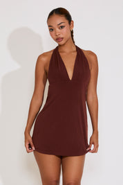 HALTER PLUNGING NECKLINE SLINKY MINI DRESS