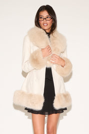 VEGAN LEATHER JACKET WITH TIE BELT & FUR TRIM