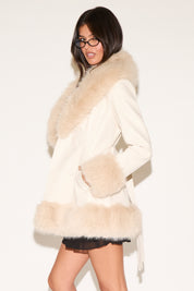 VEGAN LEATHER JACKET WITH TIE BELT & FUR TRIM