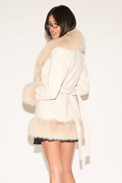 VEGAN LEATHER JACKET WITH TIE BELT & FUR TRIM