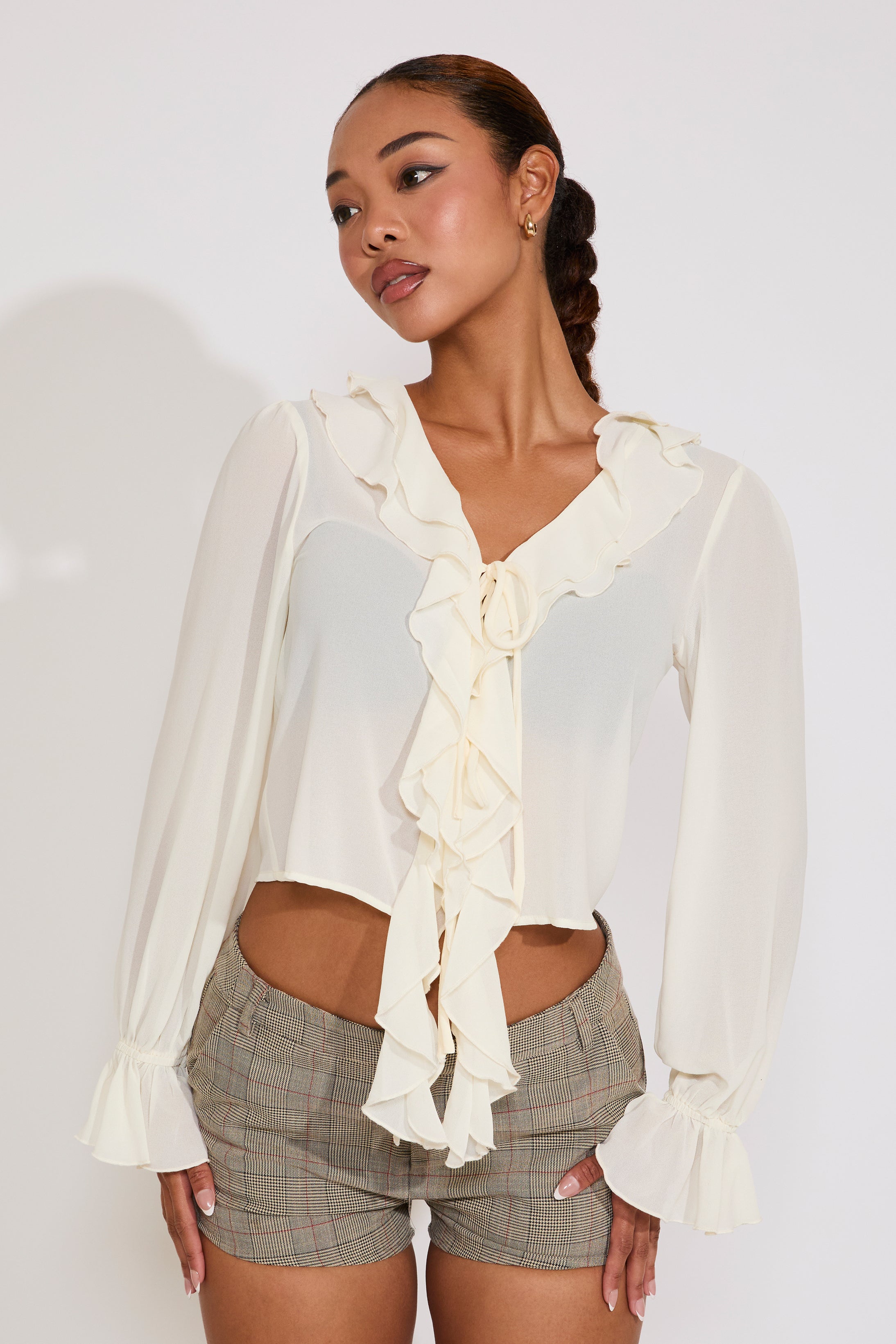 LONG SLEEVE RUFFLED CHIFFON BLOUSE