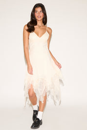 HIGH LOW LACE TRIM V NECK OPEN BACK MIDI DRESS