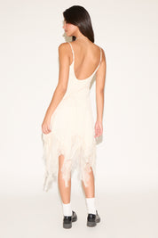 HIGH LOW LACE TRIM V NECK OPEN BACK MIDI DRESS