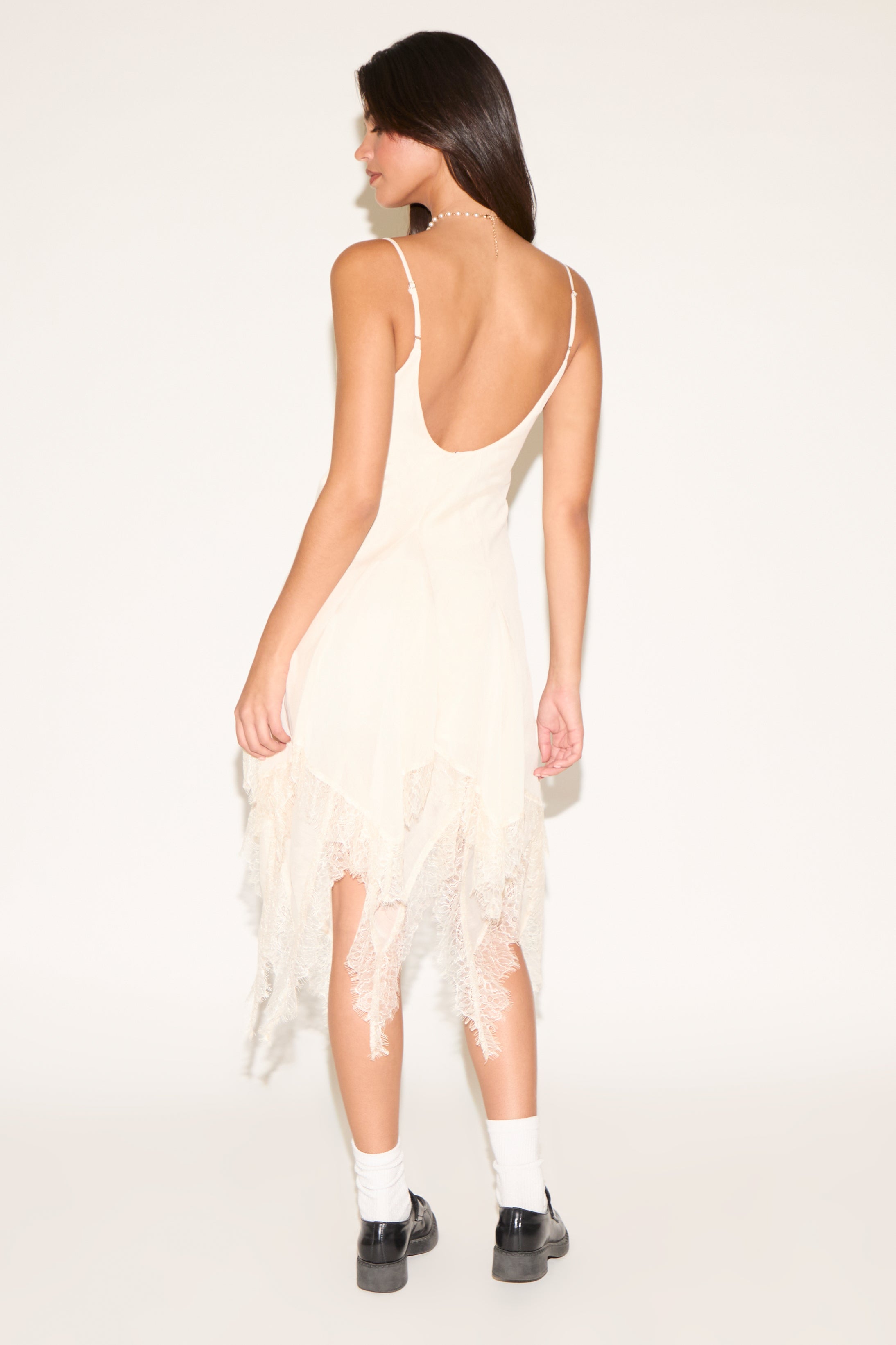 HIGH LOW LACE TRIM V NECK OPEN BACK MIDI DRESS