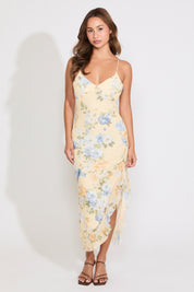 CROSS BACK FLORAL RUFFLE HEM WITH SLIT MIDI DRESS