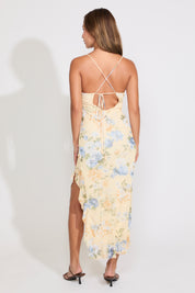 CROSS BACK FLORAL RUFFLE HEM WITH SLIT MIDI DRESS