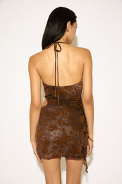 TIE NECK SIDE CUTOUT FLOCKED O RING MINI DRESS
