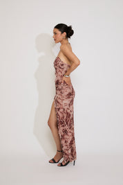 LEOPARD CUTOUT HALTER SIDE SLIT MAXI DRESS