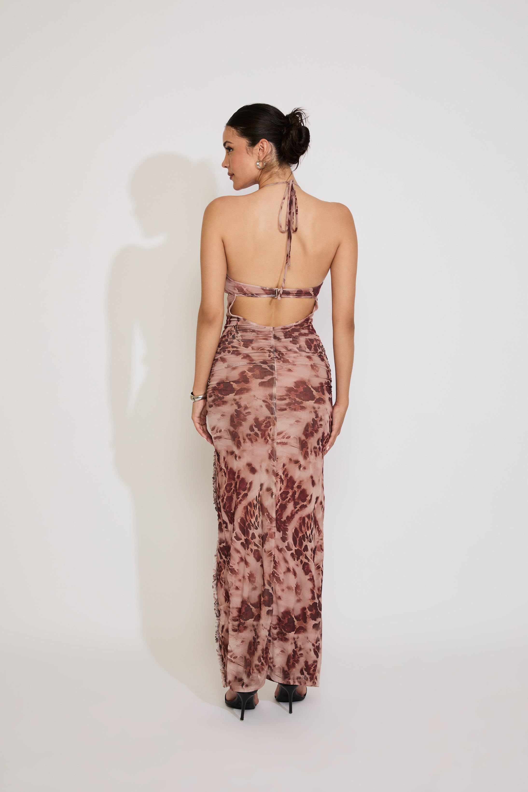 LEOPARD CUTOUT HALTER SIDE SLIT MAXI DRESS