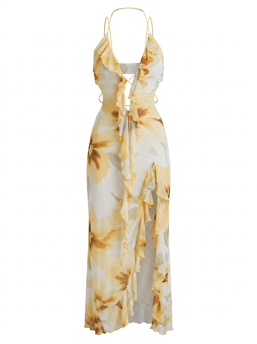 Ghost mannequin product image of a YELLOW CROSSED HALTER FLORAL RUFFLE MAXI DRESS WITH SLIT on a white background.