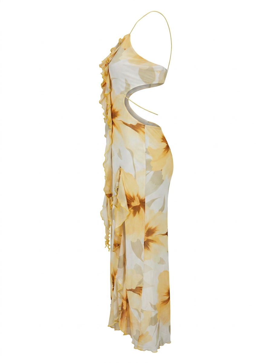Ghost mannequin product image of a YELLOW CROSSED HALTER FLORAL RUFFLE MAXI DRESS WITH SLIT on a white background.