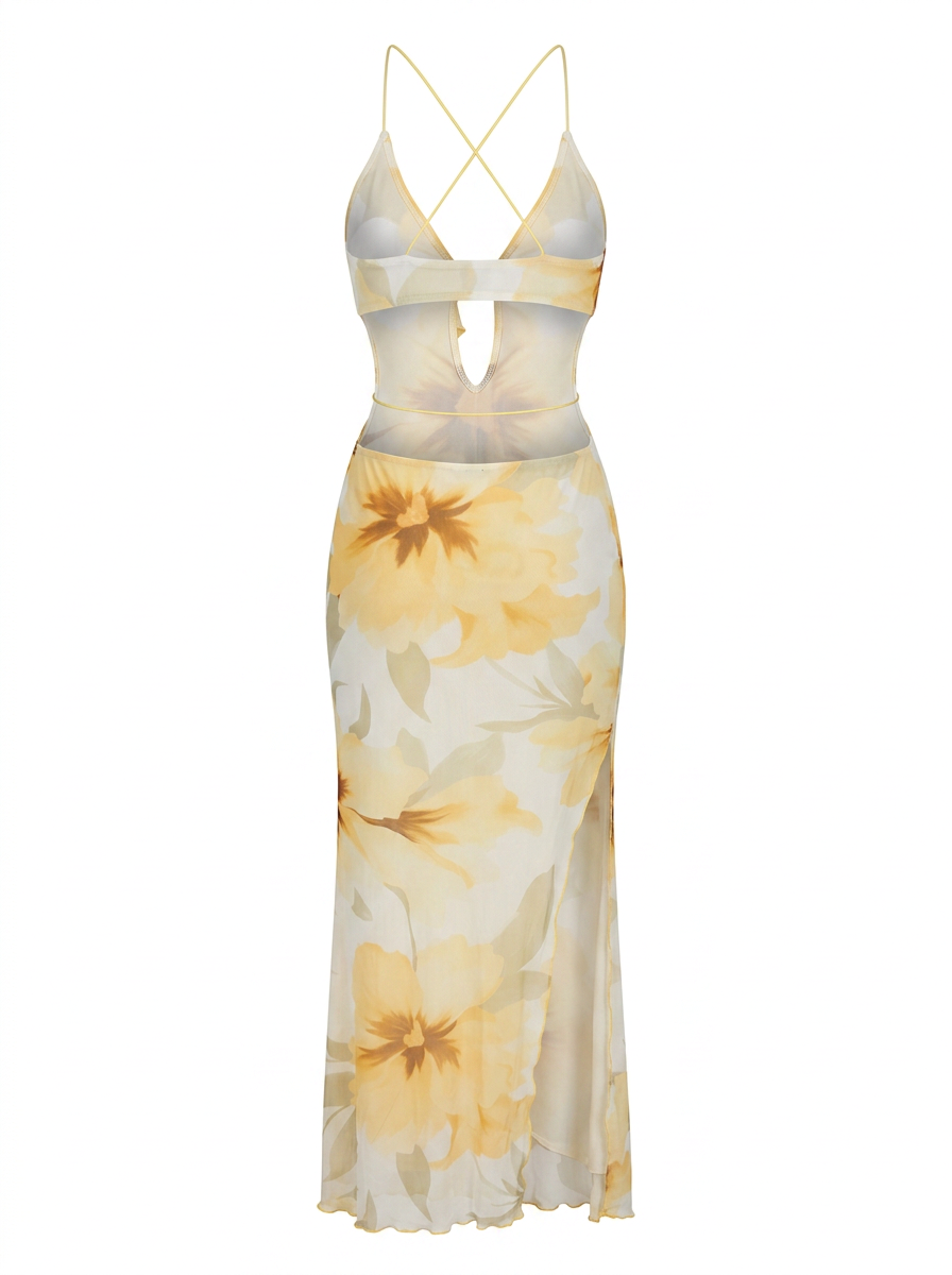 Ghost mannequin product image of a YELLOW CROSSED HALTER FLORAL RUFFLE MAXI DRESS WITH SLIT on a white background.