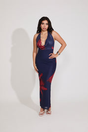 ABSTRACT FLORAL TIE NECK DEEP COWL MAXI DRESS