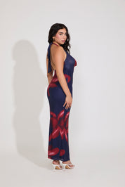 ABSTRACT FLORAL TIE NECK DEEP COWL MAXI DRESS