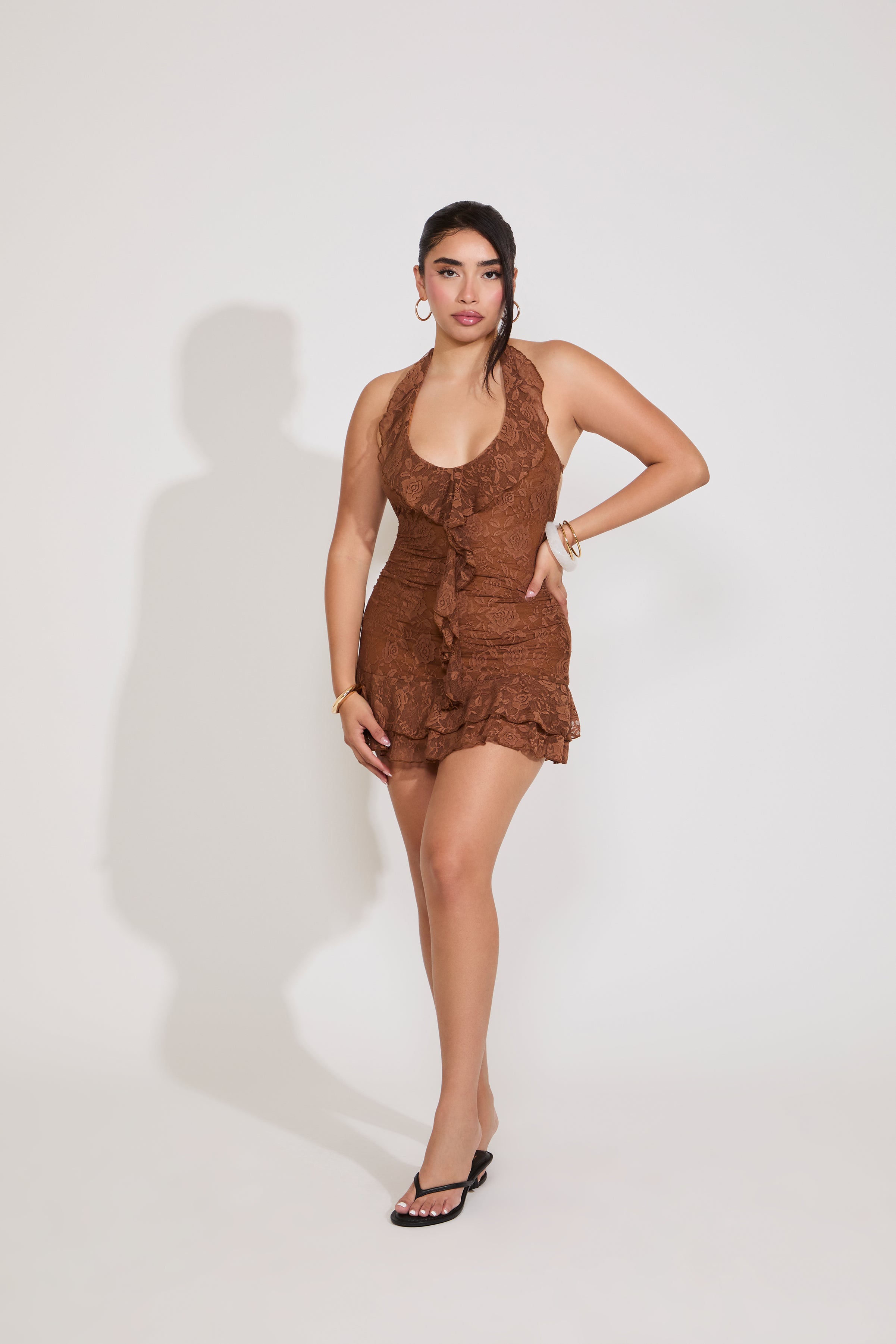 TIE NECK LACE OVERLAY RUFFLED MINI DRESS