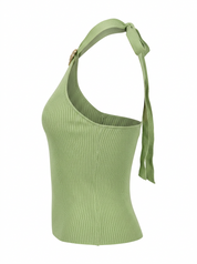Ghost mannequin product image of a green RIB KNIT TIE NECK METAL DETAIL SLEEVELESS TOP on a white background.