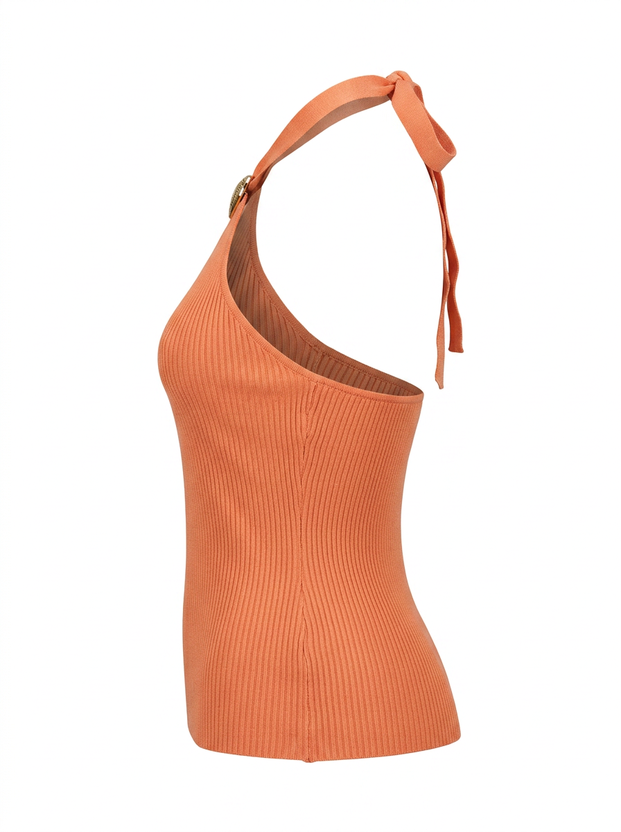 Ghost mannequin product image of a peach RIB KNIT TIE NECK METAL DETAIL SLEEVELESS TOP on a white background.