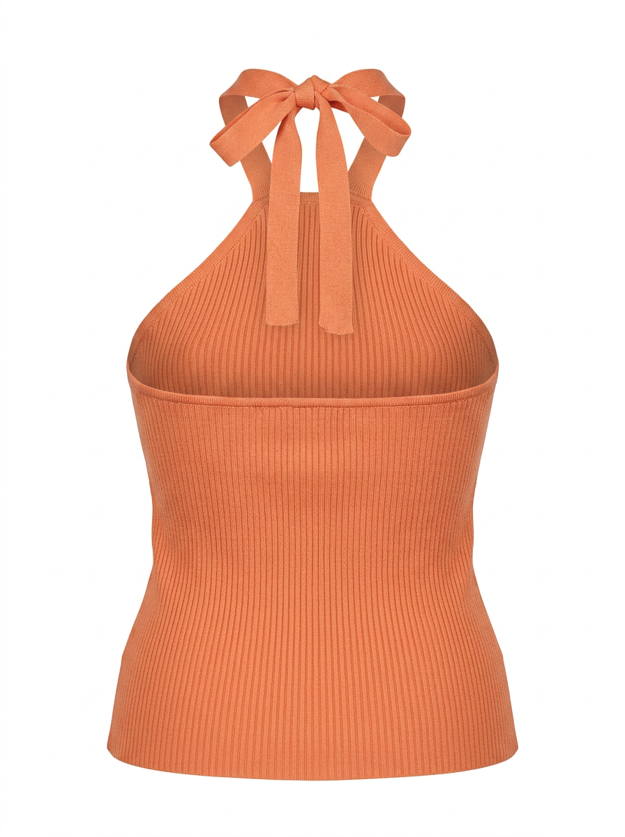Ghost mannequin product image of a peach RIB KNIT TIE NECK METAL DETAIL SLEEVELESS TOP on a white background.