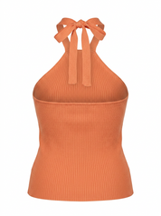 Ghost mannequin product image of a peach RIB KNIT TIE NECK METAL DETAIL SLEEVELESS TOP on a white background.