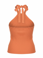 Ghost mannequin product image of a peach RIB KNIT TIE NECK METAL DETAIL SLEEVELESS TOP on a white background.