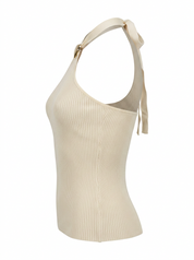 Ghost mannequin product image of a white RIB KNIT TIE NECK METAL DETAIL SLEEVELESS TOP on a white background.