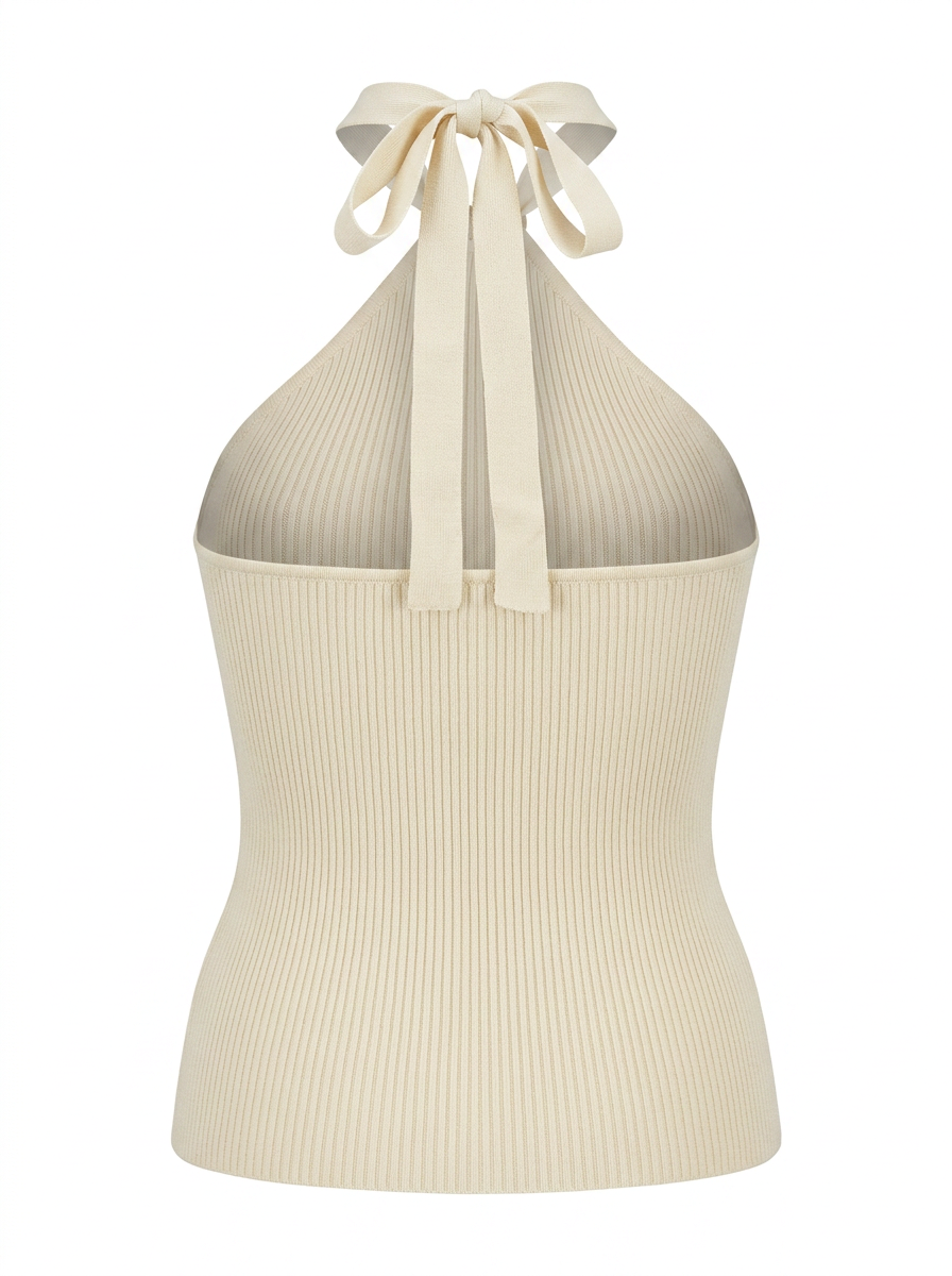Ghost mannequin product image of a white RIB KNIT TIE NECK METAL DETAIL SLEEVELESS TOP on a white background.