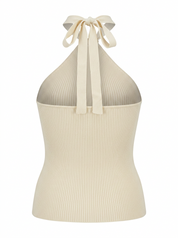 Ghost mannequin product image of a white RIB KNIT TIE NECK METAL DETAIL SLEEVELESS TOP on a white background.