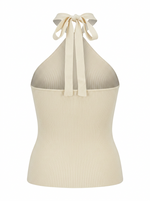 Ghost mannequin product image of a white RIB KNIT TIE NECK METAL DETAIL SLEEVELESS TOP on a white background.
