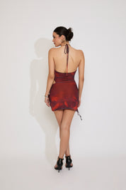 INK PRINT EXPOSED SIDE WAIST TIE HALTER MINI DRESS