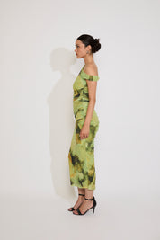 INK PRINT ASYMMETRICAL STRAP RUCHED MAXI DRESS