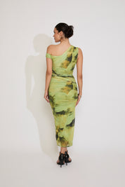 INK PRINT ASYMMETRICAL STRAP RUCHED MAXI DRESS