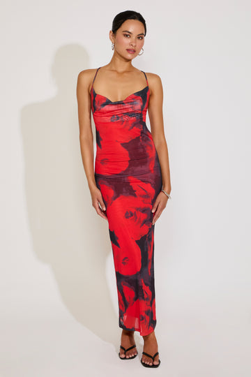 Woman wearing a red and black floral dress on a white background