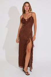 LACE OVERLAY FRONT SLIT RUFFLE DETAILS MAXI DRESS