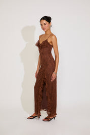 LACE OVERLAY FRONT SLIT RUFFLE DETAILS MAXI DRESS