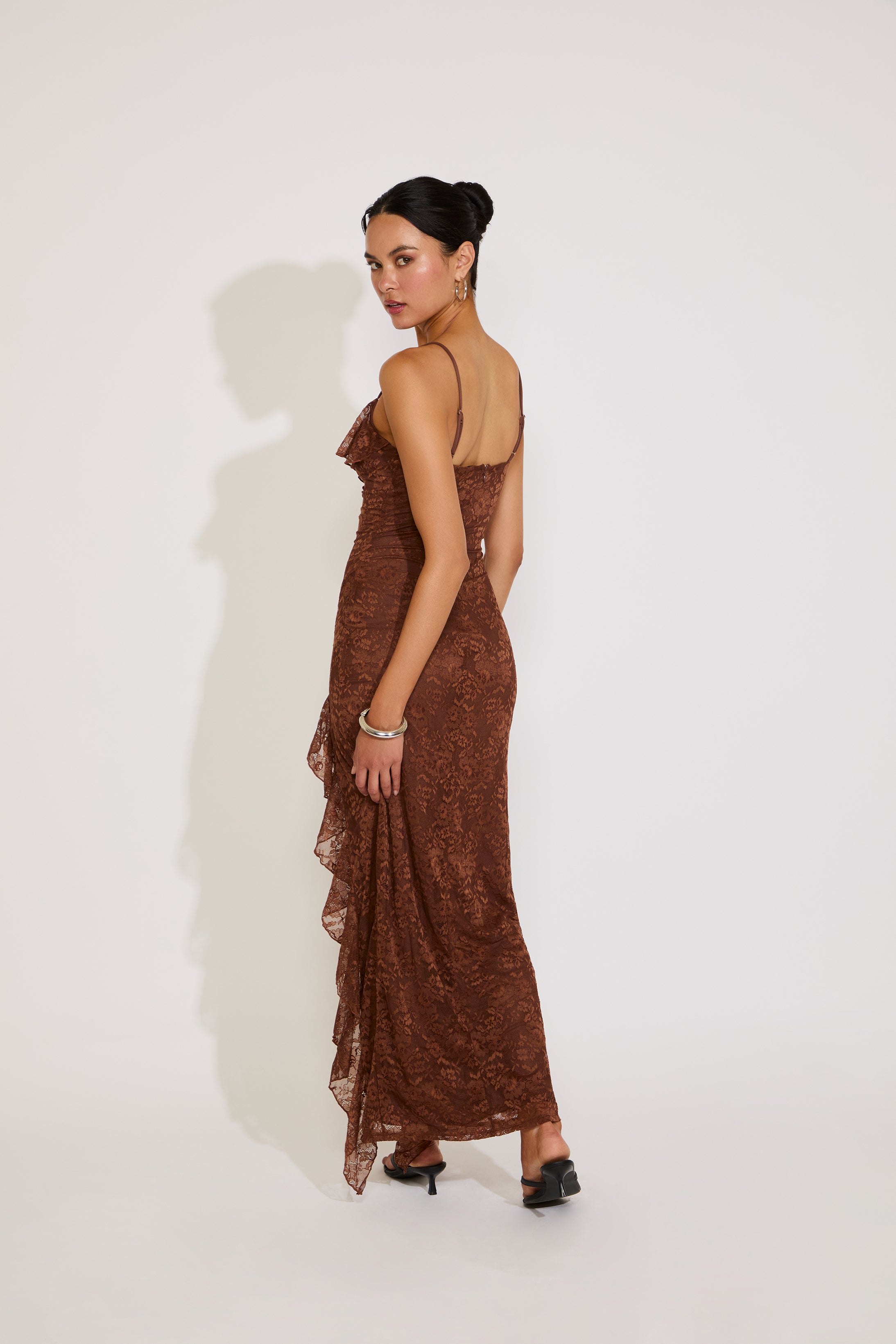 LACE OVERLAY FRONT SLIT RUFFLE DETAILS MAXI DRESS