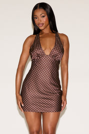 POLKA DOT PRINT TIE NECK LACE TRIM MINI DRESS