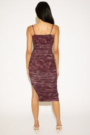 SLEEVELESS RUCHED PRINT MESH MIDI DRESS WITH SLIT
